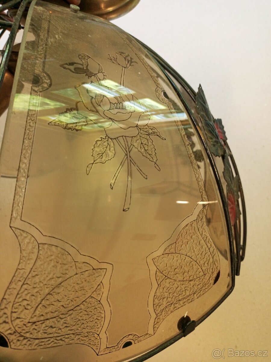 Retro závěsný lustr s rytým sklem – květinový motiv - 10