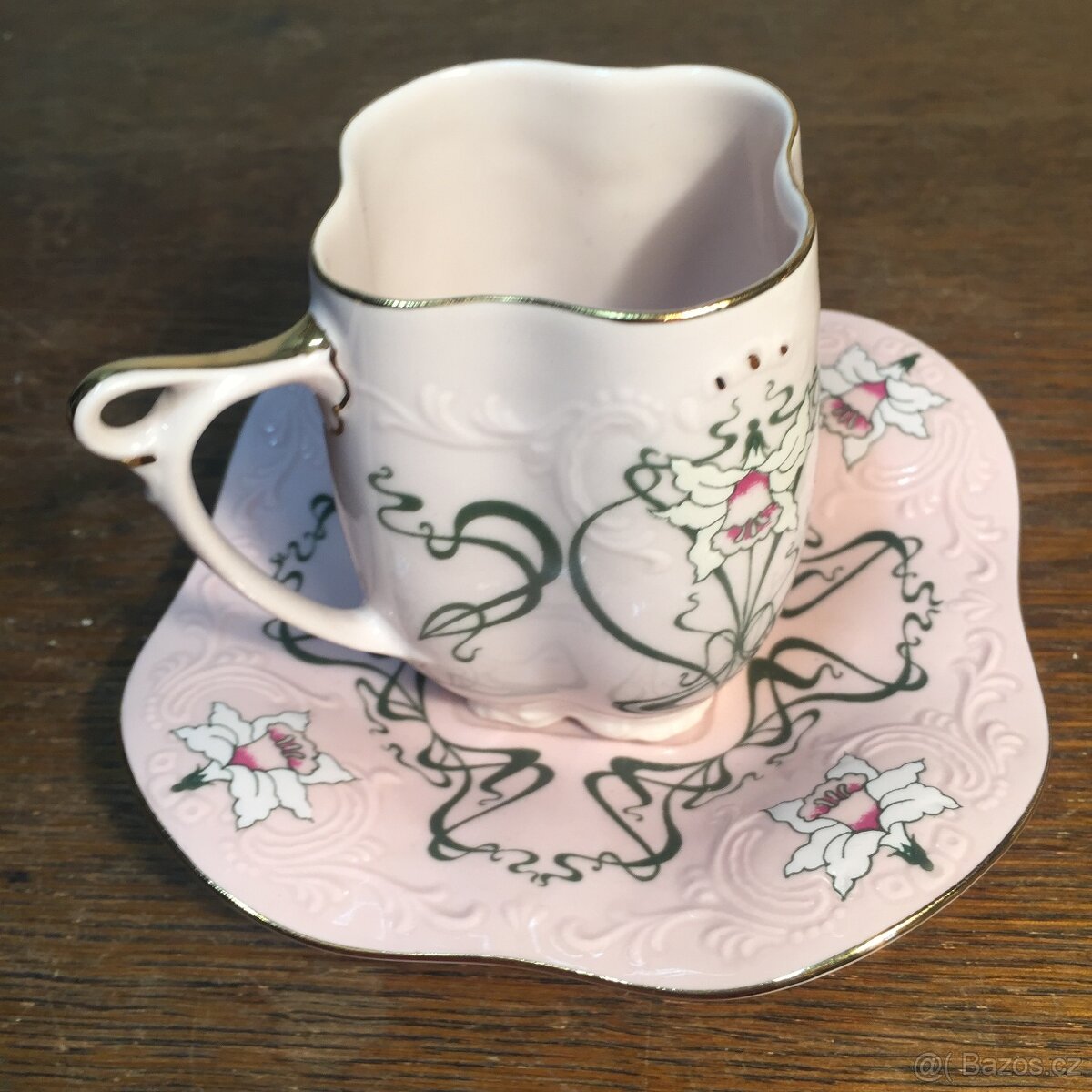 šálek růžový porcelán Chodov neobvyklý secesní dekor - 10