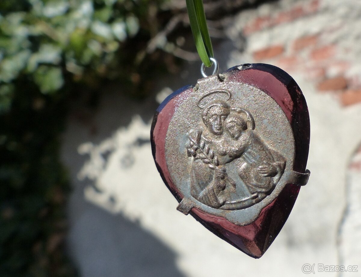 Starožitné škapulíře, sklo a kov, růženec - 10