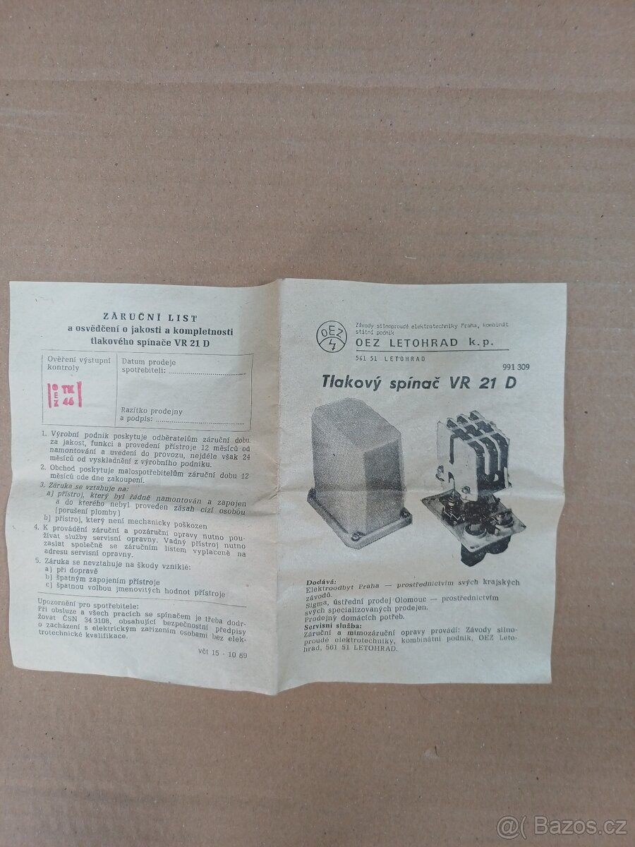 TLAKOVÝ SPÍNAČ FUNGL NOVÝ VR 21D - 10