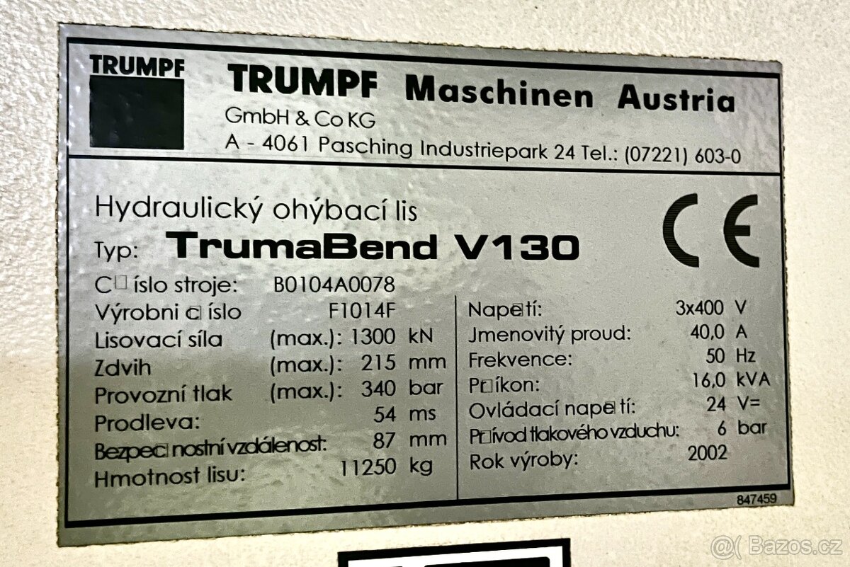 Ohraňovací lis 3m TRUMPF TrumaBend V130 - prodám - 10