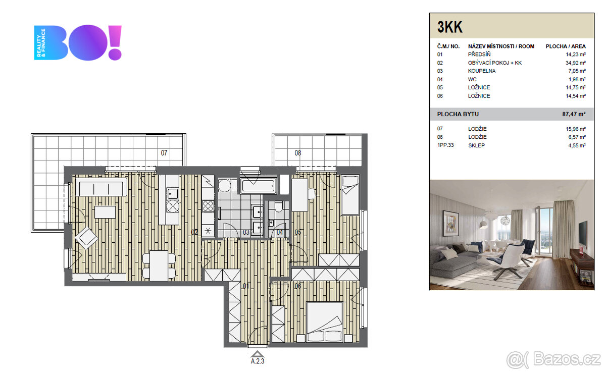 Pronájem bytu 3+kk, 87 m² s parkovacím místem a lodžií 23 m² - 10