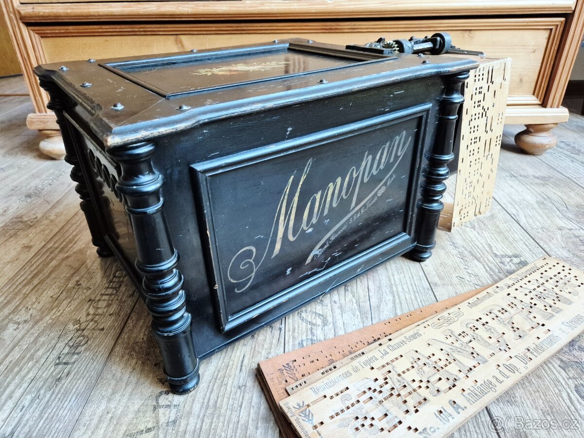 Starožitný hrací stroj, flašinet MANOPAN, 1887 - 1900 - 10