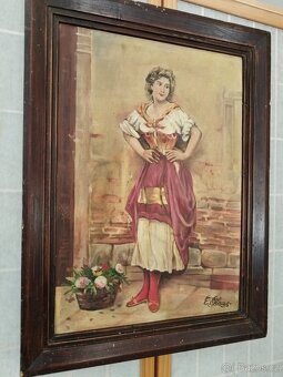 obraz PRODAVAČKA KVĚTIN, olej, sign. E. Blaces cca. 1880 - 10