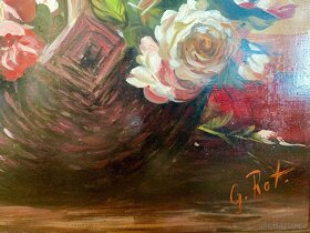 Starý nádherný obraz květin, olejomalba na dřevě - 10