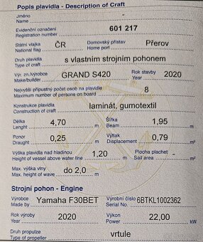 Motorový člun Grand S420NL + Yamaha + přívěs - 10