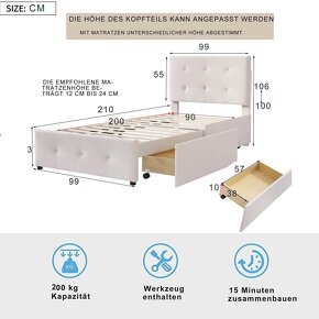 Čalouněná postel 90x200 cm s lamelovým roštem a 2 zásuvkami - 10