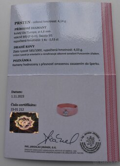 Starožitný zlatý prsten s briliantem 0.53 ct, certifikát ČGL - 10