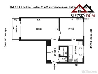 Prodej, Byt 2+1/balkon/sklep, 51 m2, ul. Francouzská, Ostrav - 10