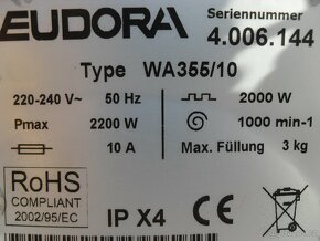 RAKOUSKÁ MINI PRAČKA EUDORA 355,MAX 3KG,OTÁČKAY 1000,tř.A+ - 10