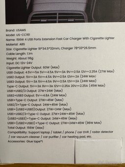 Značková nabíječka do auta 156W, 3x USB + USB-C + CL, NOVÁ - 10