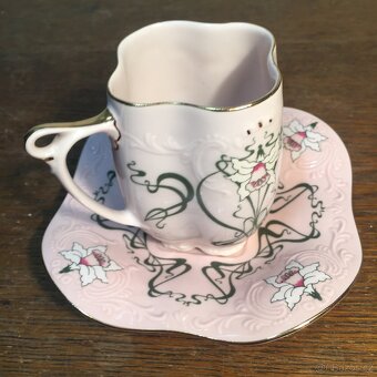 šálek růžový porcelán Chodov neobvyklý secesní dekor - 10