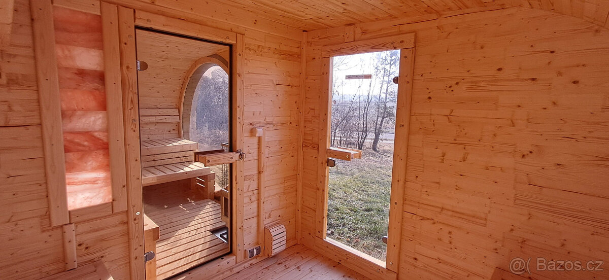Venkovní oválná sauna s panoramatickým oknem s odpočívárnou - 11