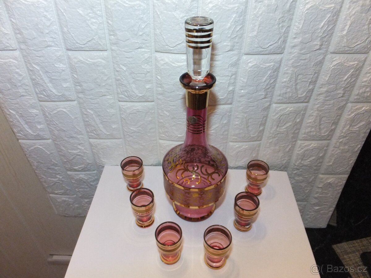 Luxusní karafa+6 skleniček, bohatá malba zlatem, zn. Bohemia - 11