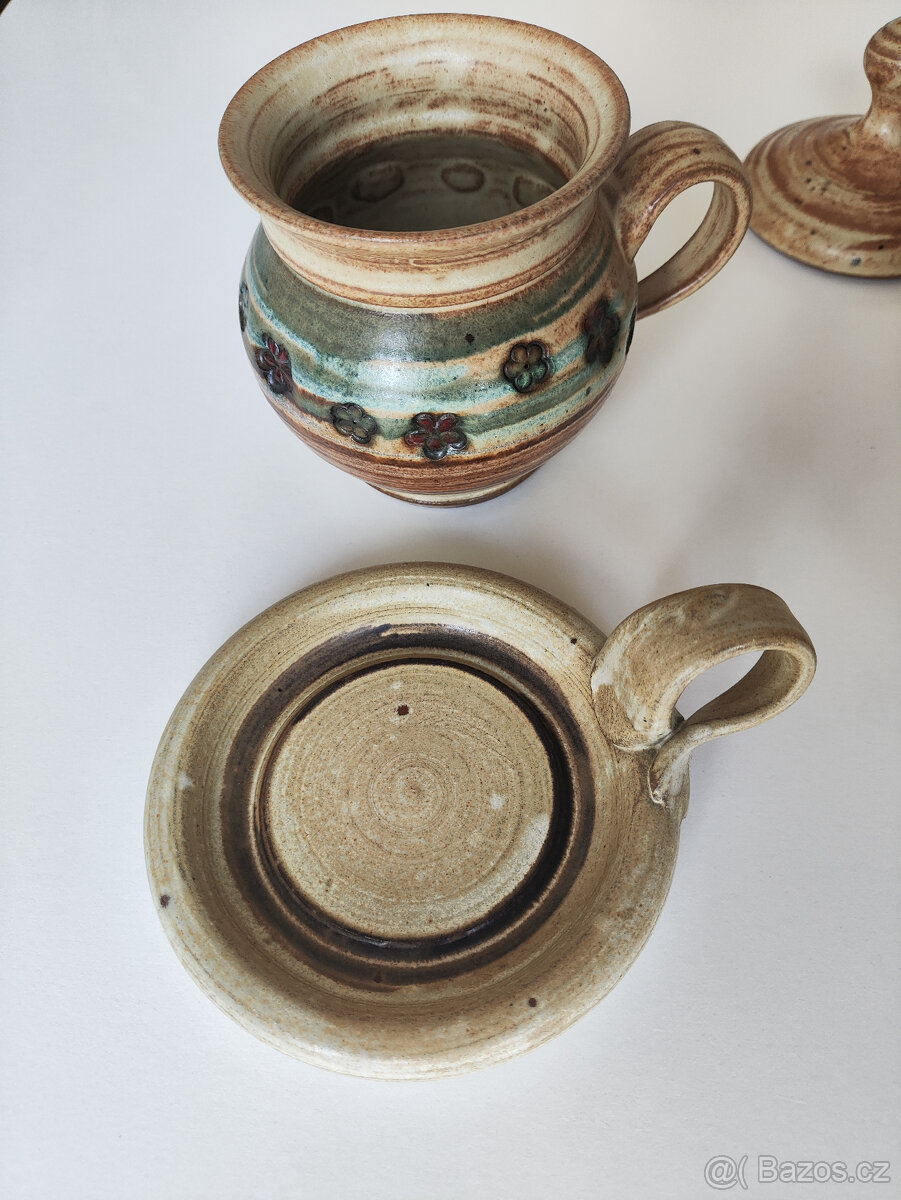 Nádherná keramická sada - konvice + 2 hrnky s podšálky - 11