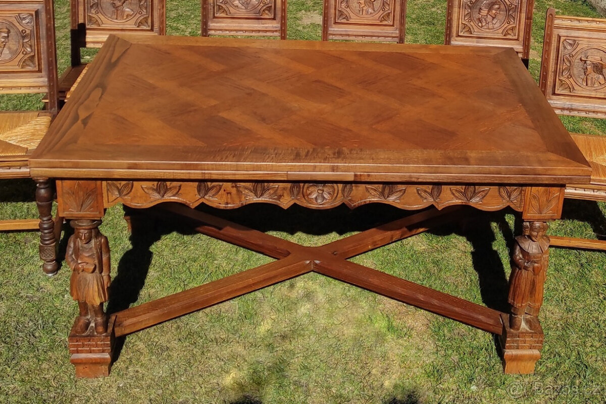 Starožitný dubový rozkládací stůl a 6 židlí - 11