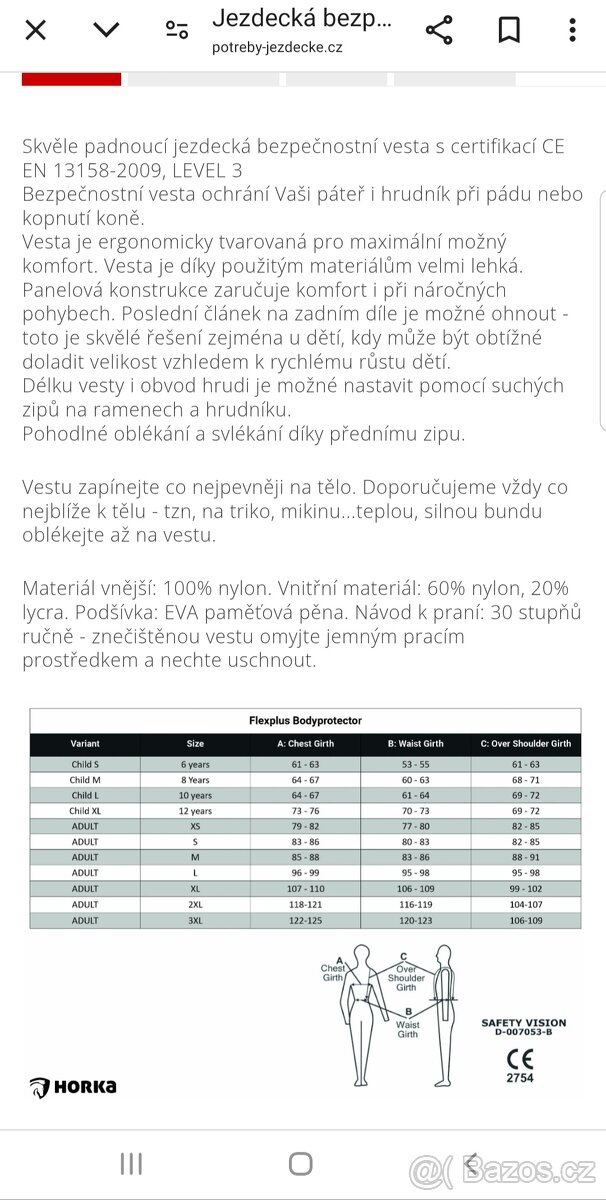 Jezdecká bezpečnostní vesta Horka. Vel.S - cca 6let - 11