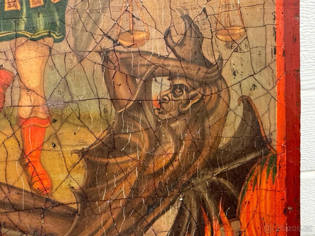 Starožitný XXL malovaný obraz na dřevě Archanděl Michael - 11