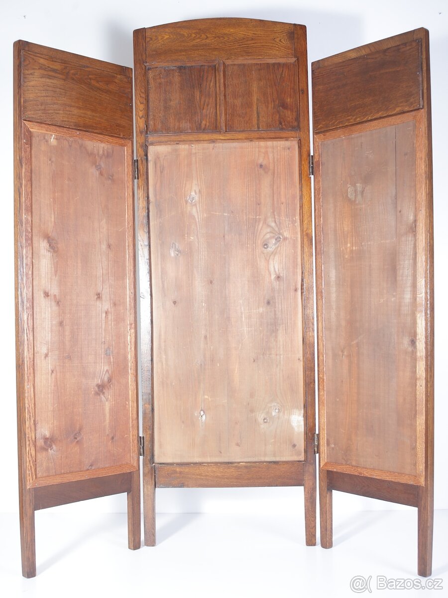 Secesní Dubový Paraván Zástěna Papoušek Ara Restaurováno - 11