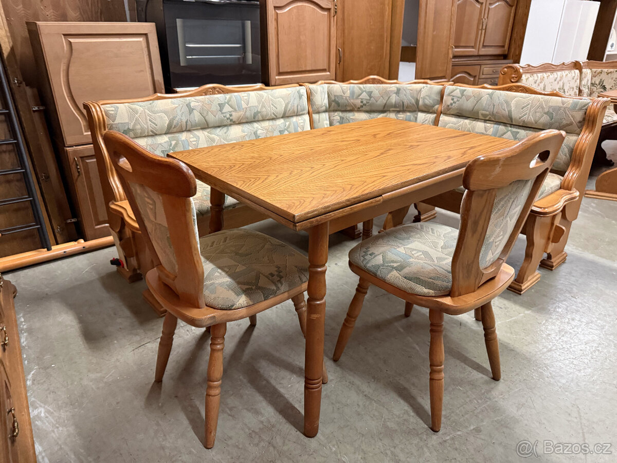 Dvakrát dubová jídelní lavice + stůl a židle - 11