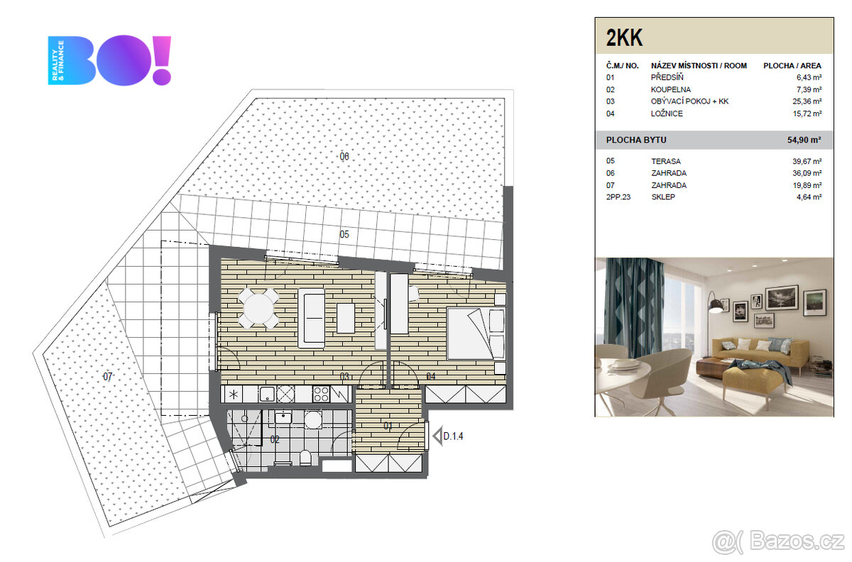 Pronájem bytu 2+kk, 54 m² s parkovacím místem, terasou a zah - 11