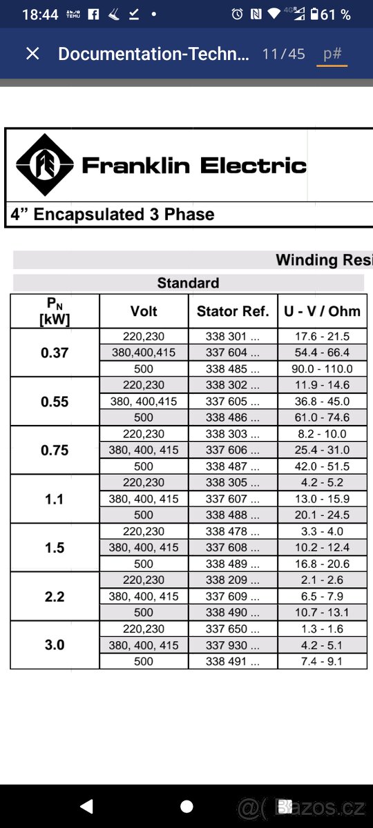 Prodám ponorné čerpadlo Franklin Electric Typ 234 562 3016 - 11