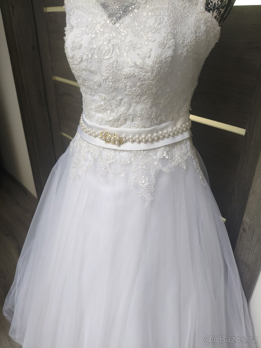 Krajkovo-tylové svatební šaty 36/38/40 - 11