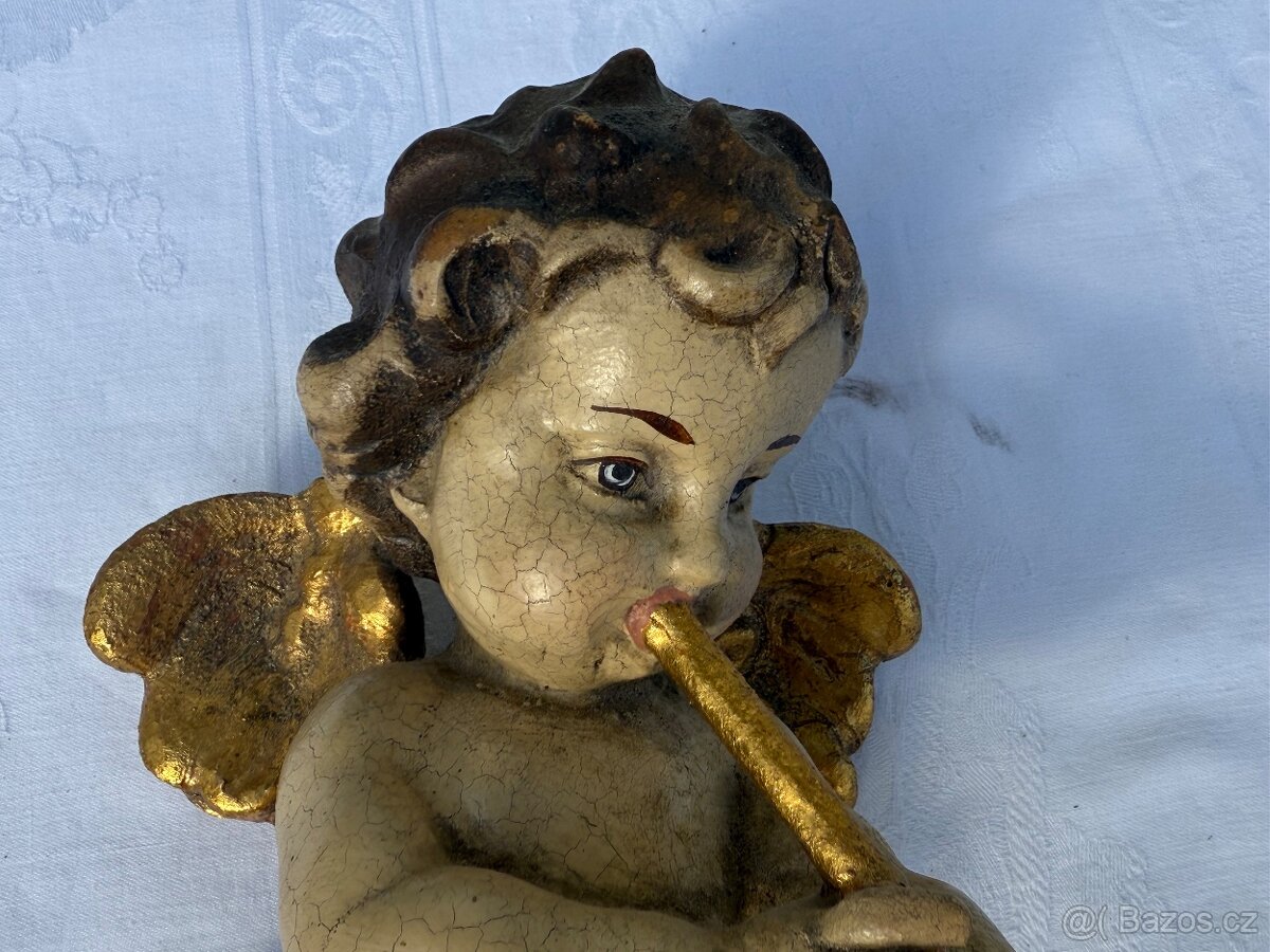 Dřevěná XXL socha anděla v páru polychromie 31cm - 11