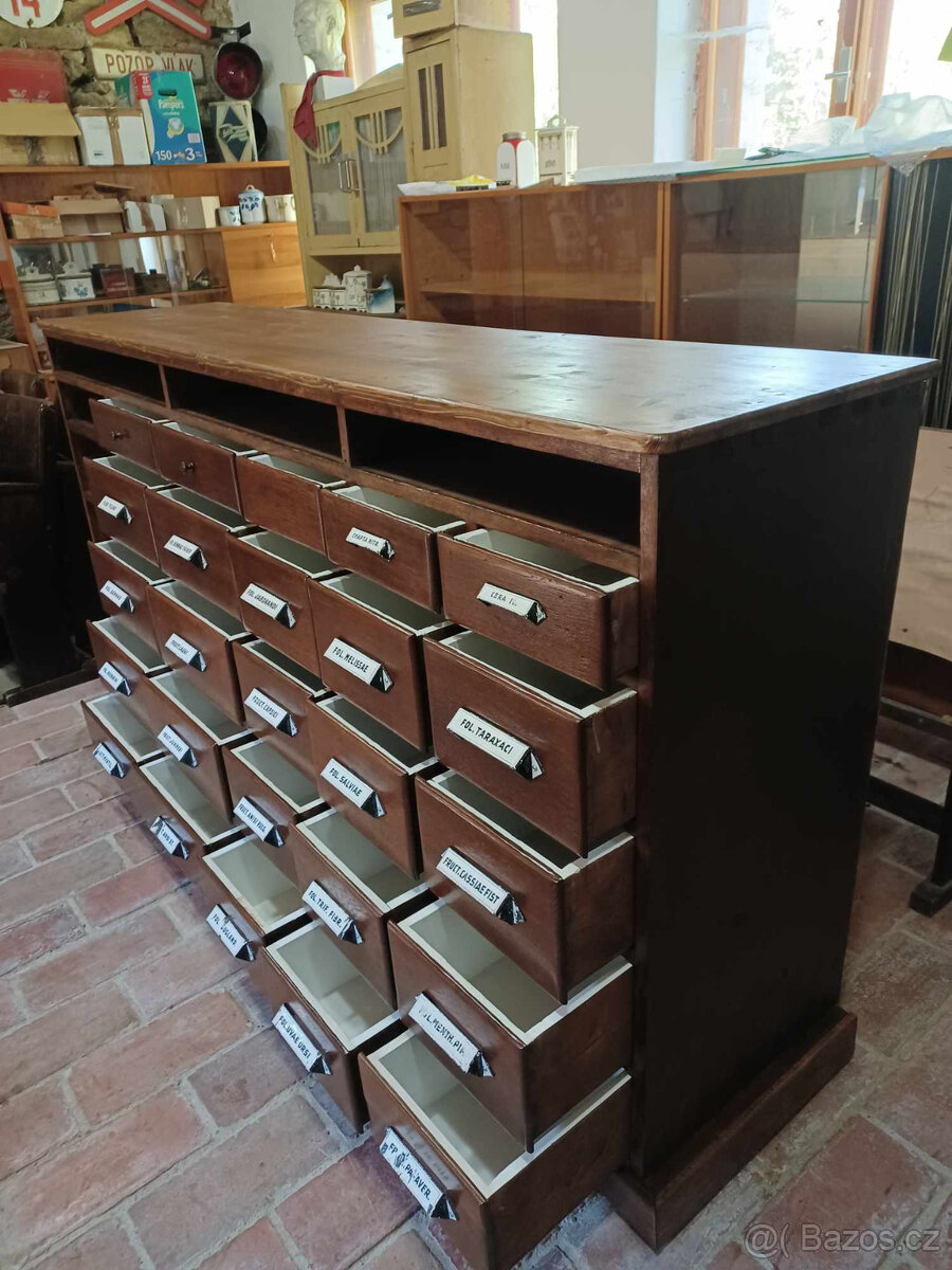 Starožitná lékárenská tára - šuplíkovač, komoda - 11