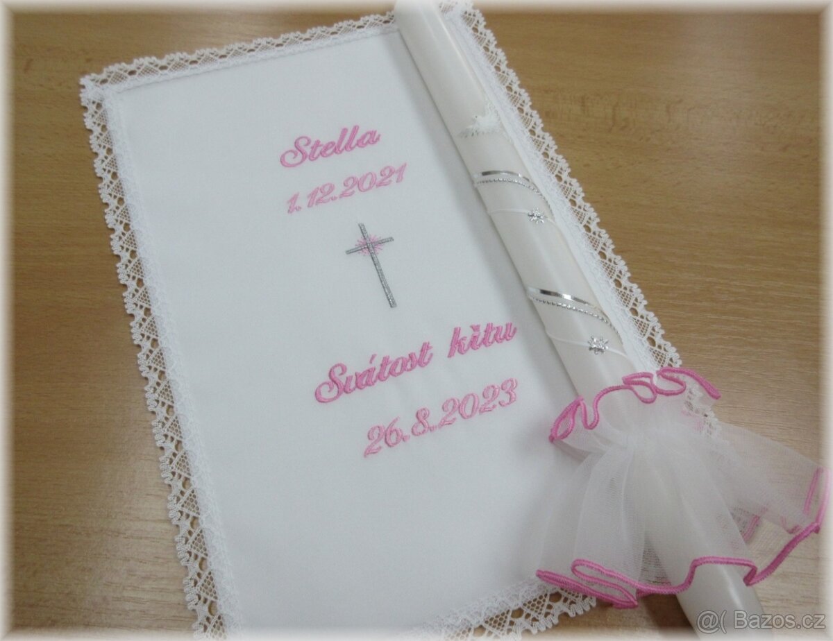 Vyšívaná křestní rouška + svíce s ozdobou - 11