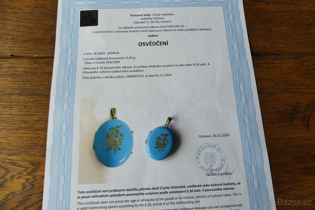 Zlatý otevírací medailon, smalt perly biedermeier - 11