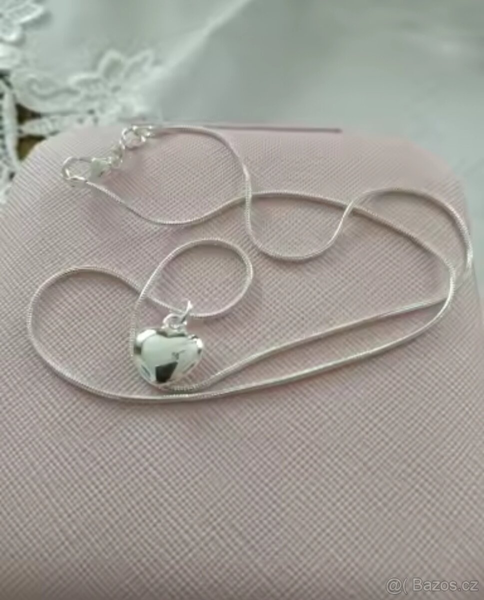 Nový dámský stříbrný náhrdelník řetízek na krk srdce - 11