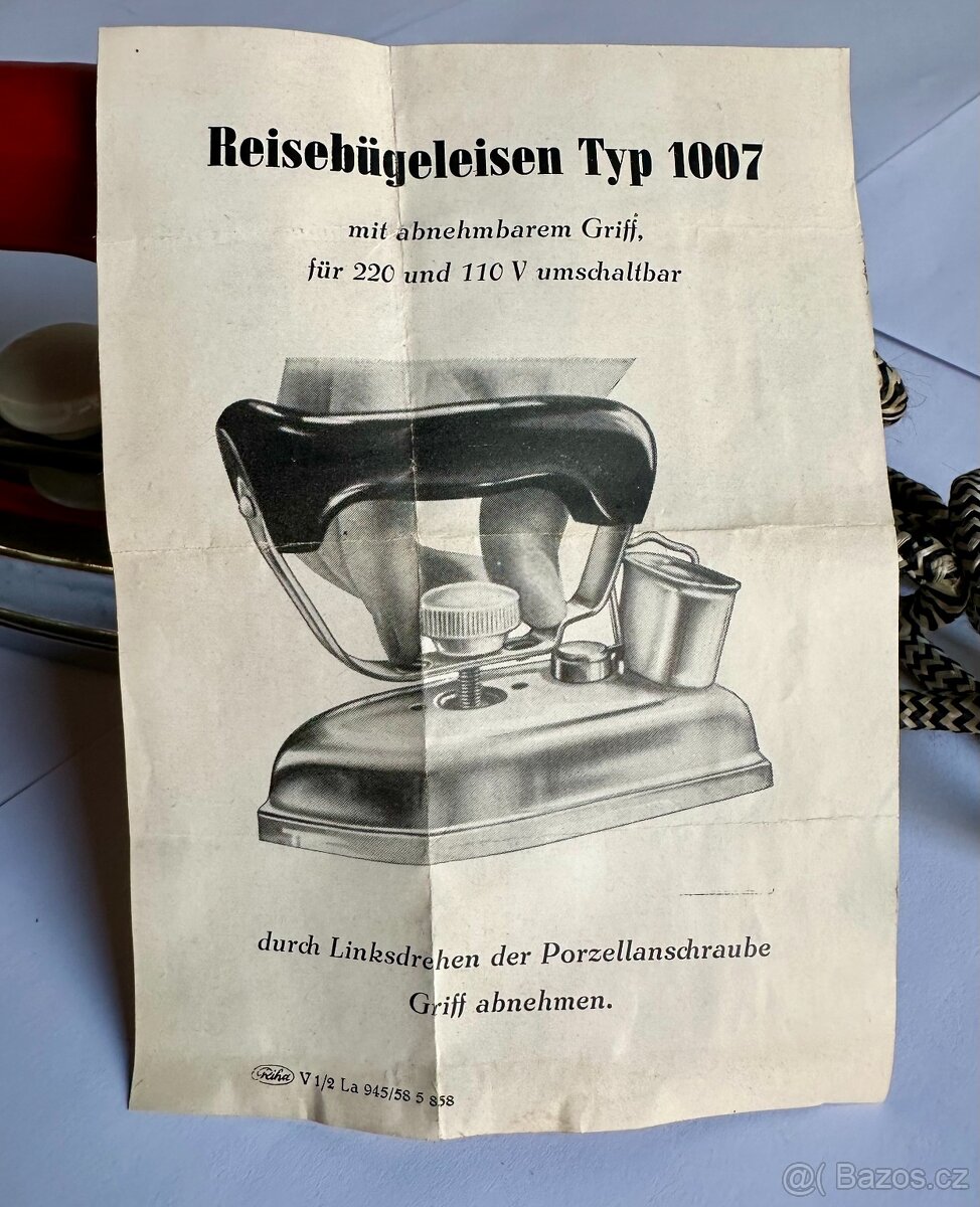 Stará cestovní žehlička Německo KRÁSNÝ STAV s ORIGINAL dokum - 11