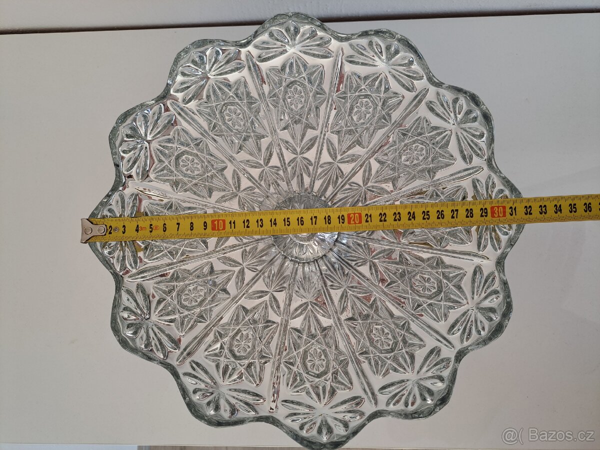 Skleněná, stříbrná retro mísa na nožce – lisované sklo - 11