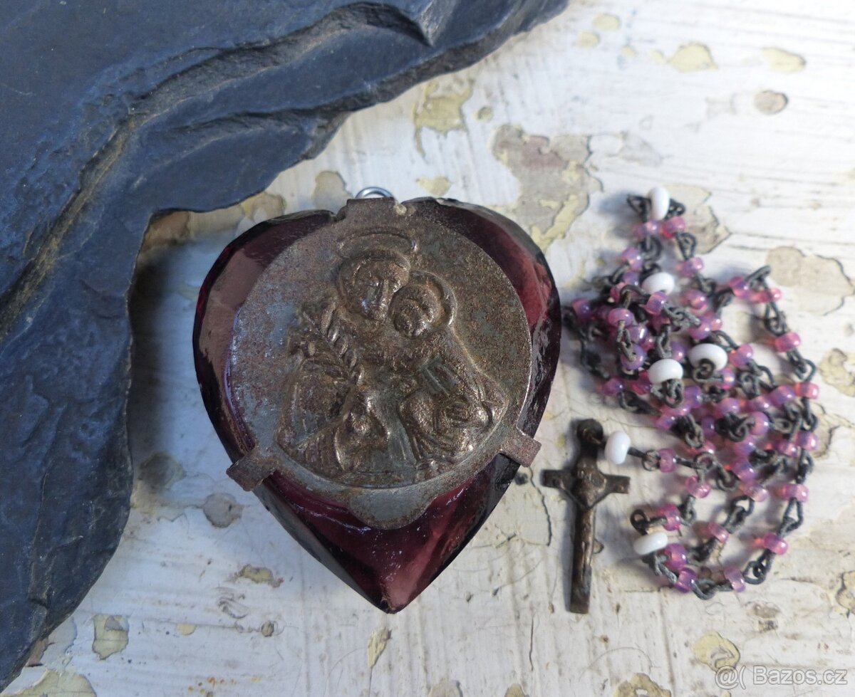 Starožitné škapulíře, sklo a kov, růženec - 11