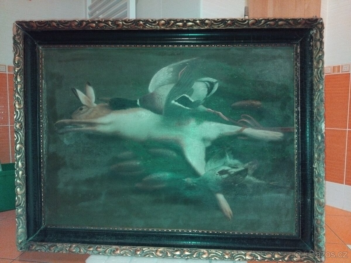 Starožitný obraz lovecké zátiší 110cm x 85cm - 11