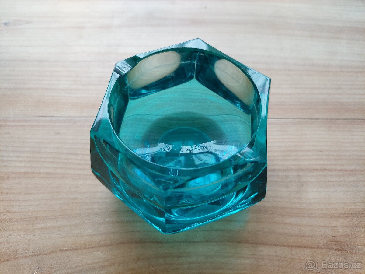 Luxusní skleněná antik váza + mísa + popelník zelené sklo - 11