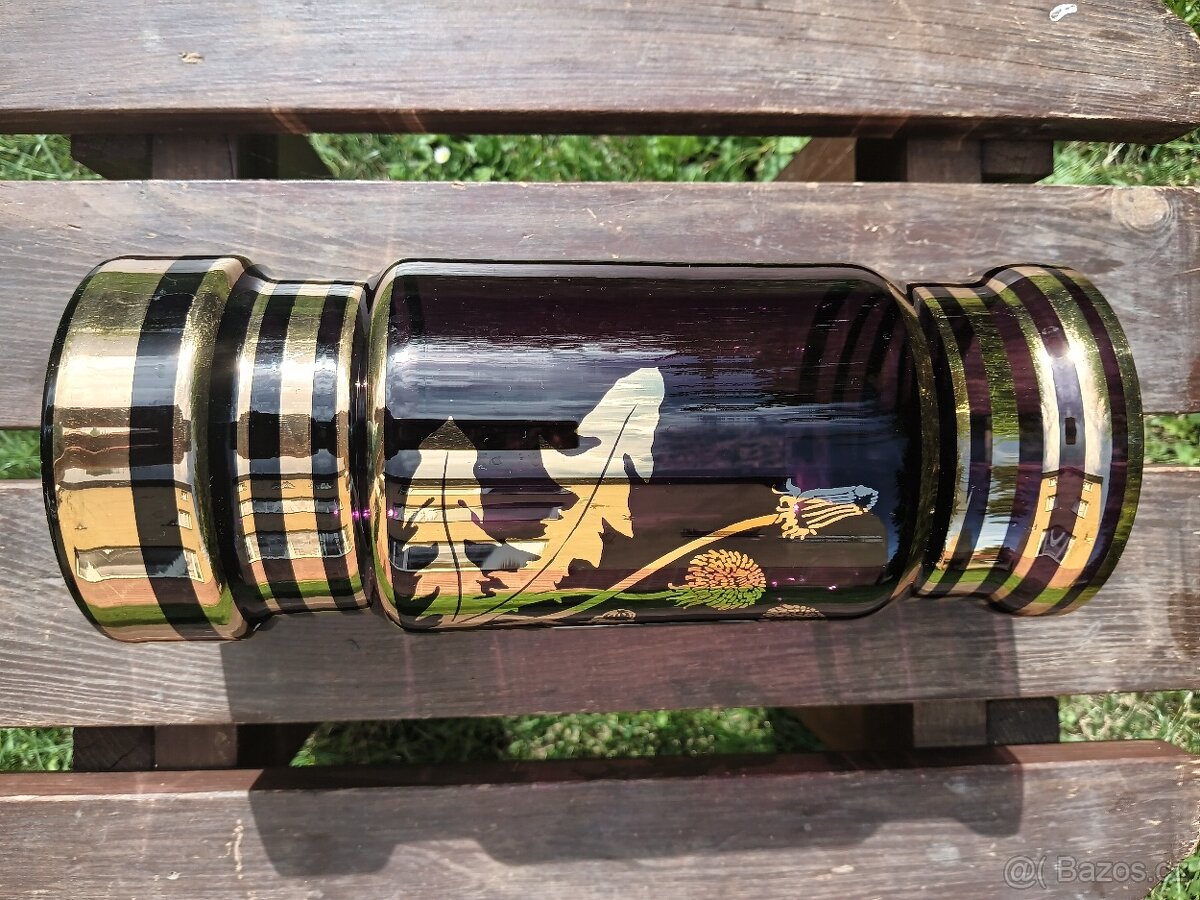 Váza, 70. léta, pozlacené fialové sklo vzor pampelišky - 11