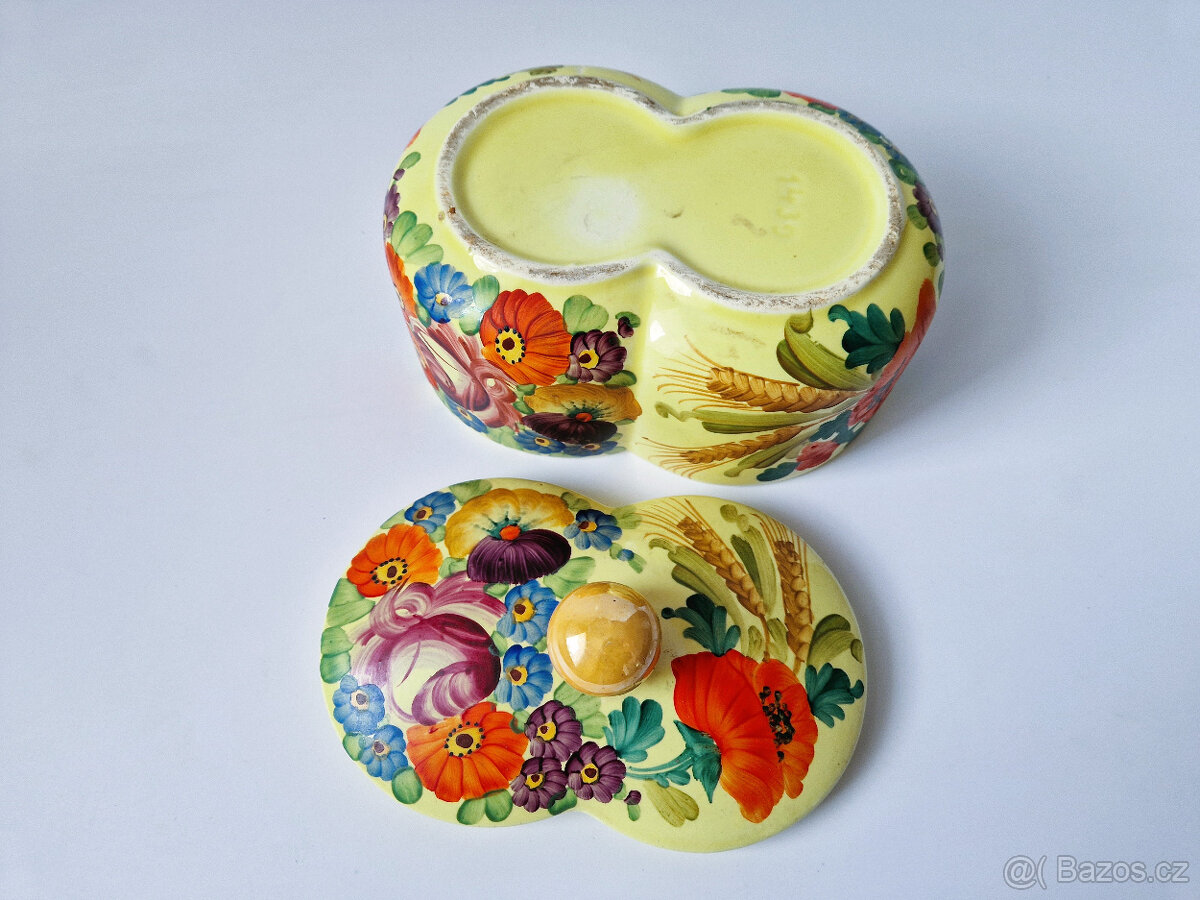 Stará keramická dóza ruční malba asi malírna Klenčí 30léta - 11
