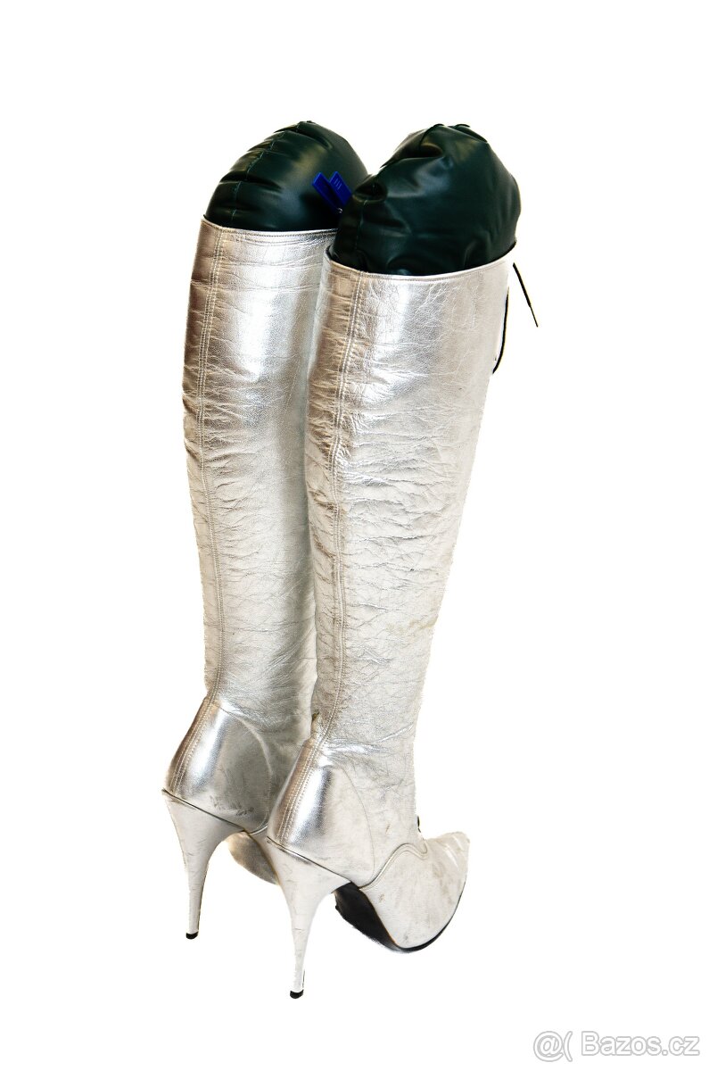 Stříbrné sexy kožené kozačky po kolena EU 41 šněrovací kůže - 11