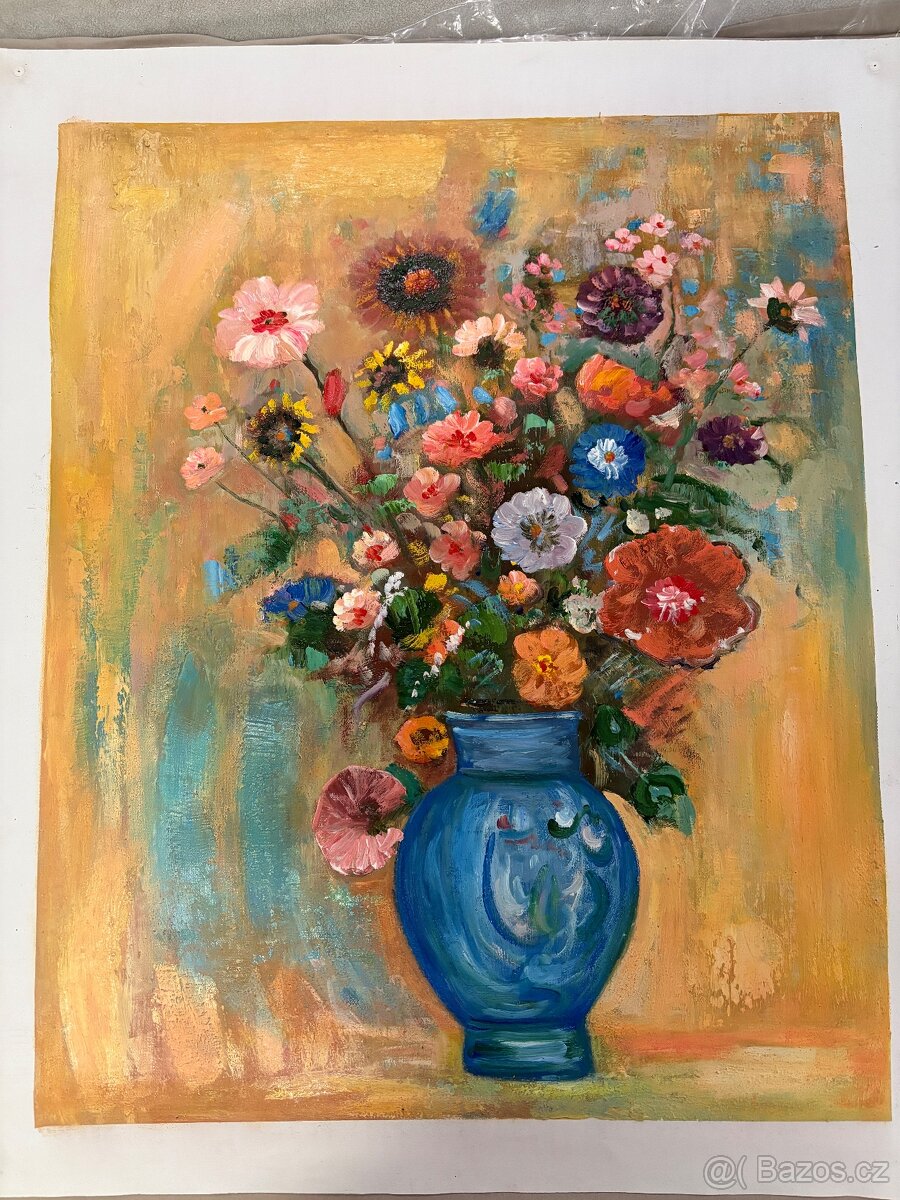 kvety v tyrkysove vaze - olejomalba 61 x 76 cm - 11