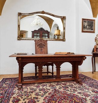 Neogotický vyřezávaný stůl. Dub. Rozkládací na 386 cm - 11