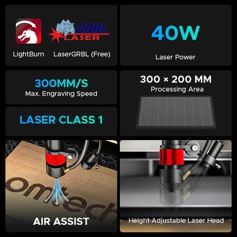CO2 laser, laserová gravírka OMTech K40+ 40W 200x300mm - 11