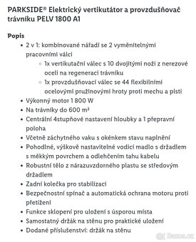 Vertikutátor, provzdušňovač trávníku PEVL 1800 - 11