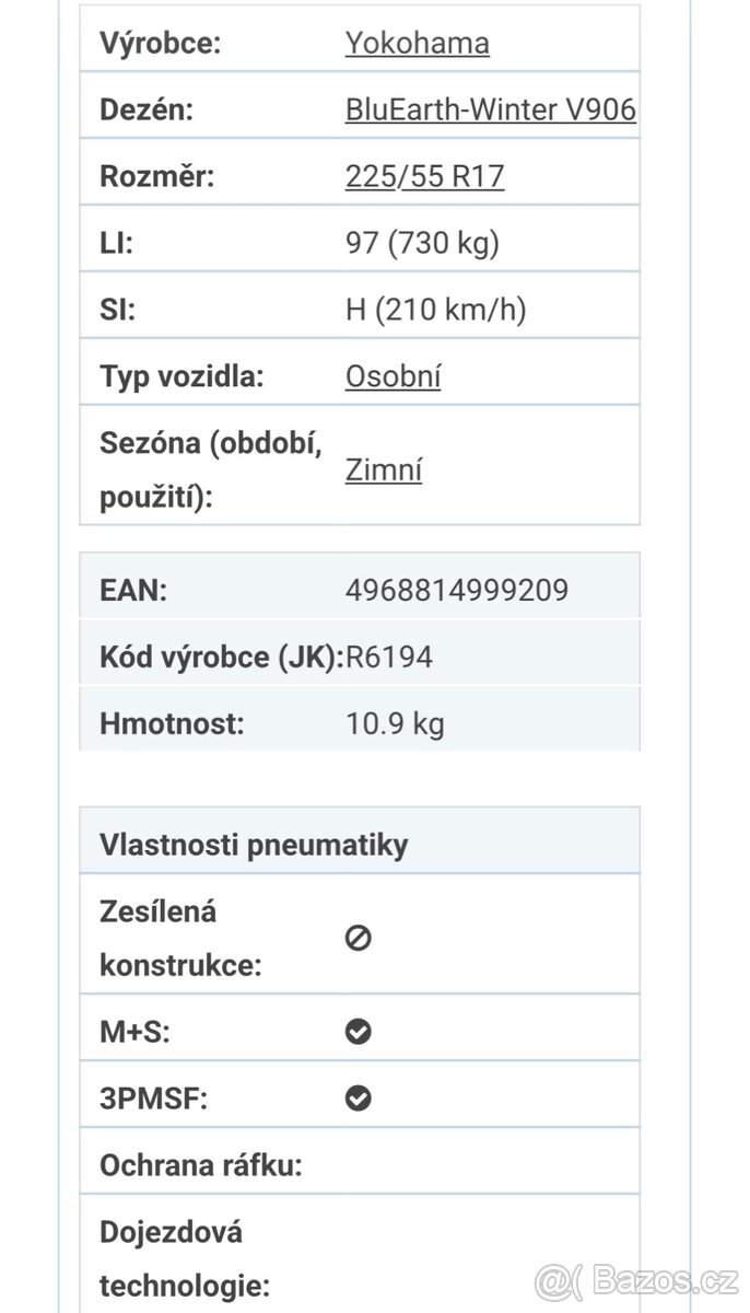 Zimni sada Yokohama - 225/55 r17 - vzorek 7,5mm - 06/2023 - 12