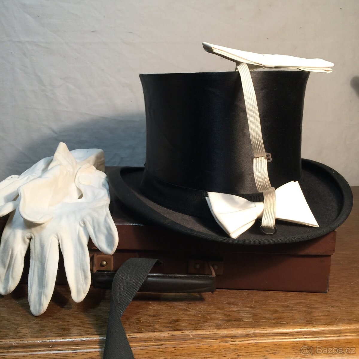 secesní cylindr starý skládací hedvábný klobouk rukavice - 12