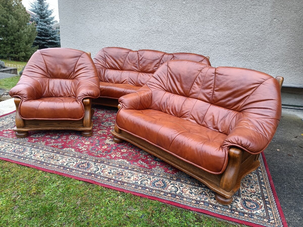 XXL Rustikální kožená sedací souprava 3 - 2 - 1, stolek - 12