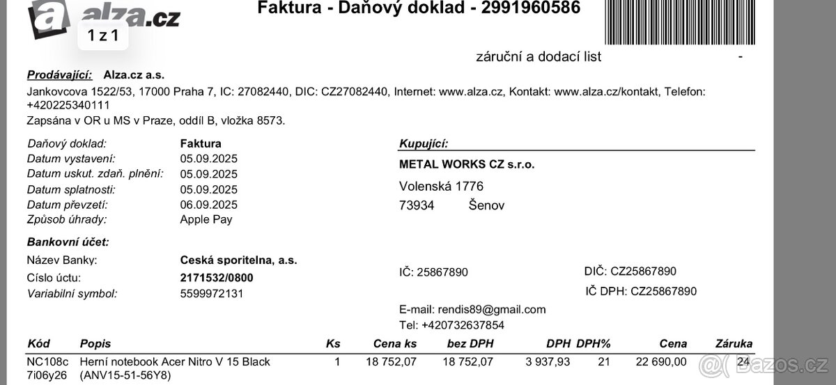 Nový herní notebook acer nitro V 15 - 12