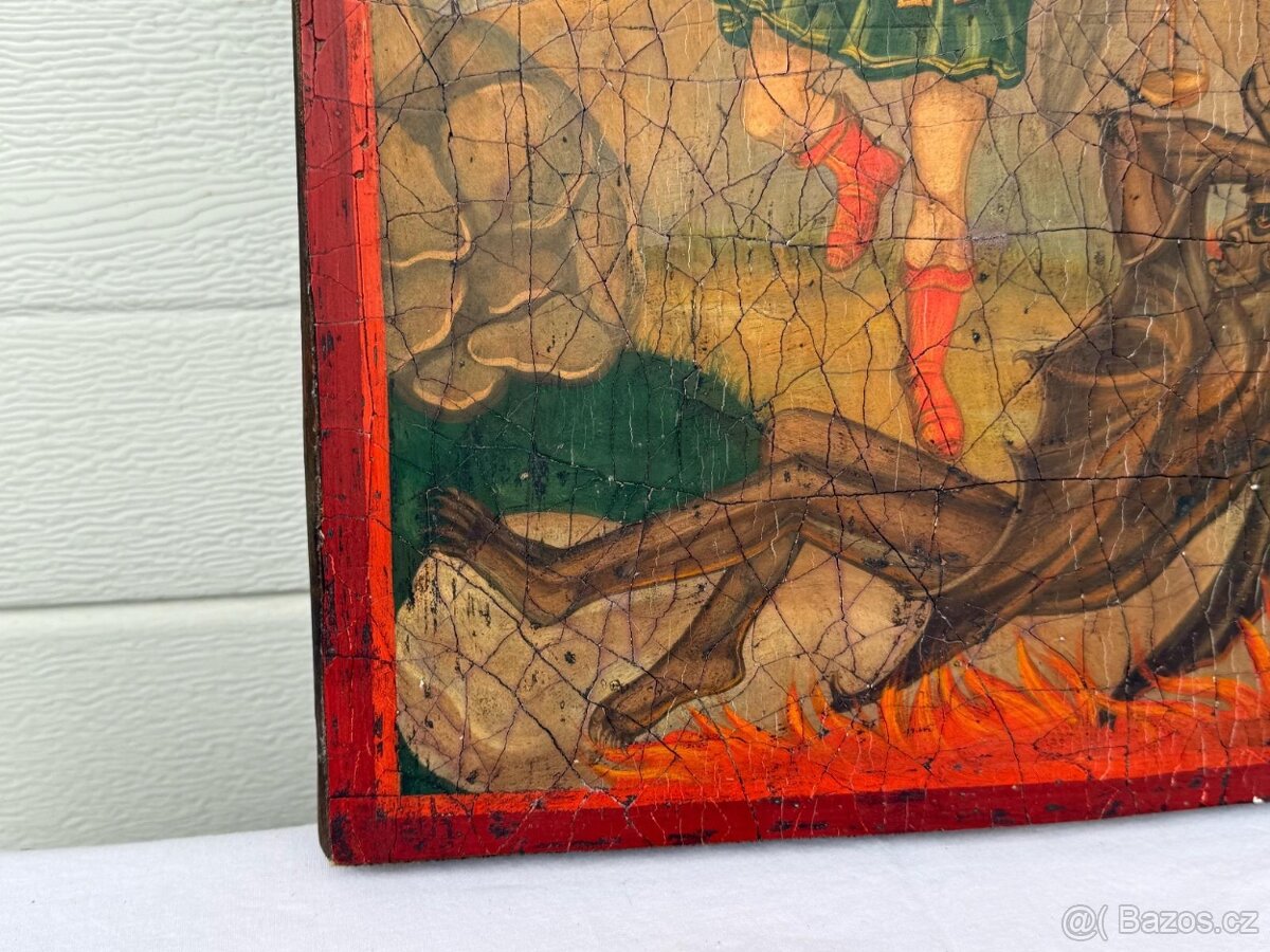 Starožitný XXL malovaný obraz na dřevě Archanděl Michael - 12