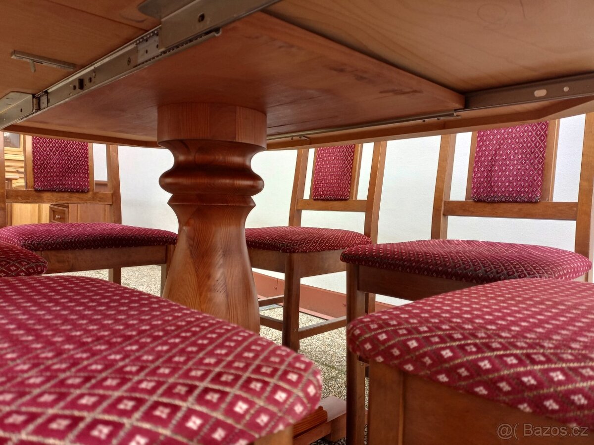 Rustikální jídelní set, rozkládací stůl, 6 židlí, masív - 12